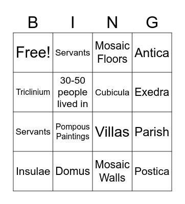 Rome Housing Bingo Card