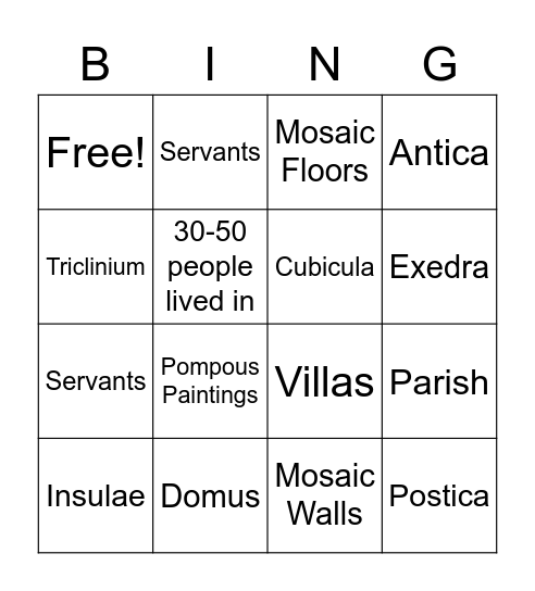 Rome Housing Bingo Card