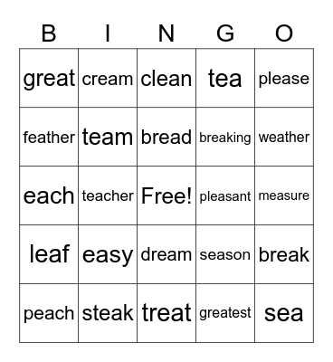 EA Vowel Team Bingo Card