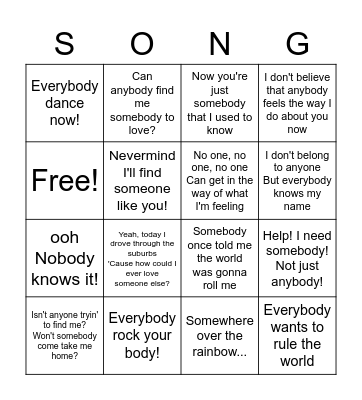 Songs with indefinite pronouns Bingo Card