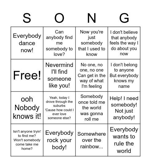Songs with indefinite pronouns Bingo Card