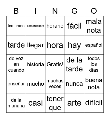 Repaso de Vocabulario Bingo Card