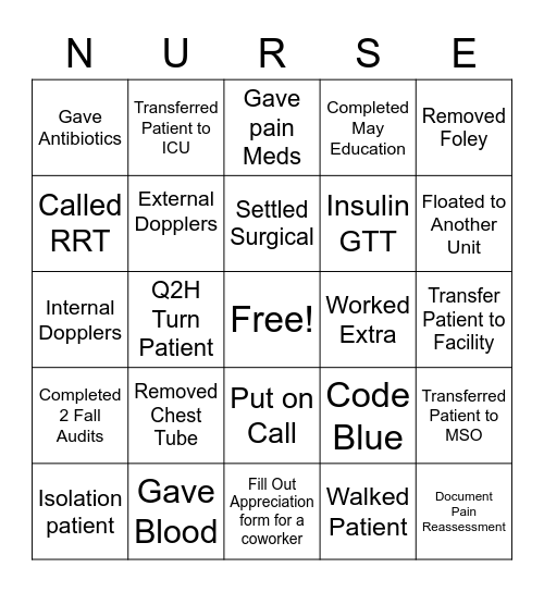 PCU Nurses Week Bingo Card