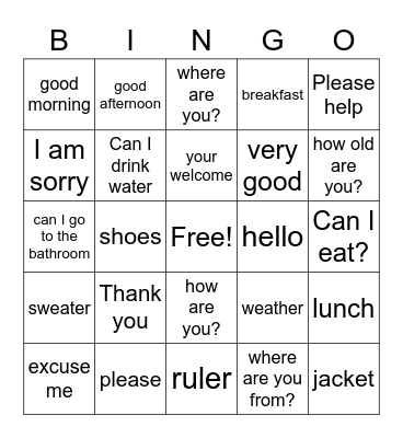 Manners in English Bingo Card