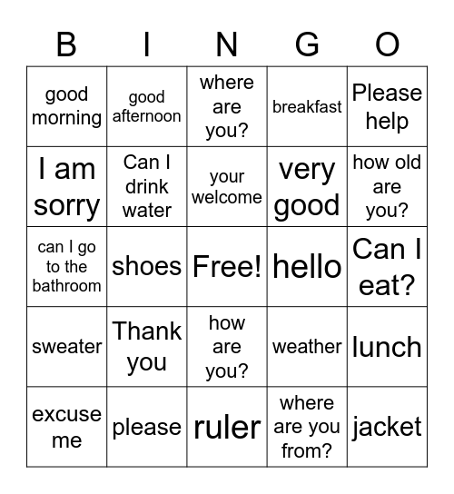 Manners in English Bingo Card