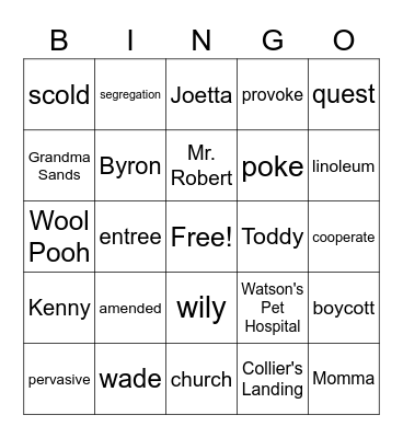 Watsons Go to Birmingham Ch. 12-15 Bingo Card