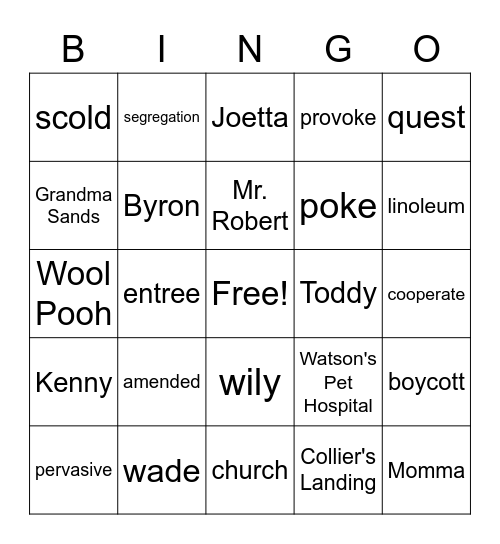 Watsons Go to Birmingham Ch. 12-15 Bingo Card