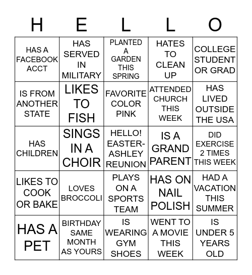 2015 EASTER ASHLEY FAMILY REUNION Bingo Card