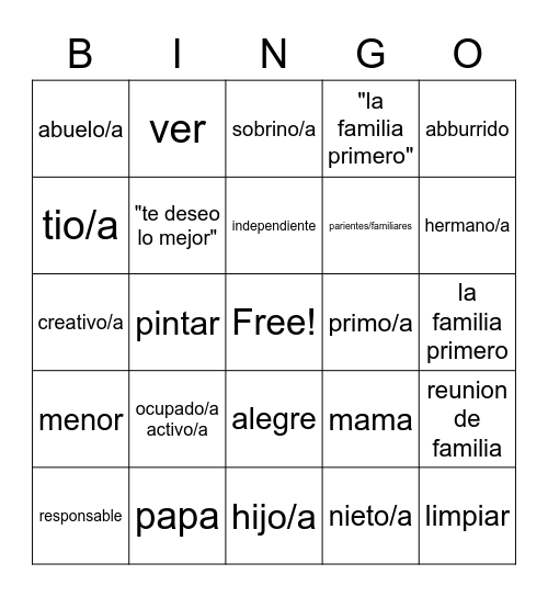 la familia Bingo Card