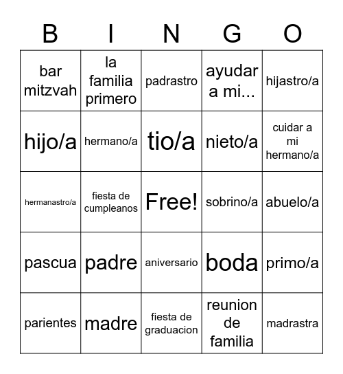 la familia Bingo Card