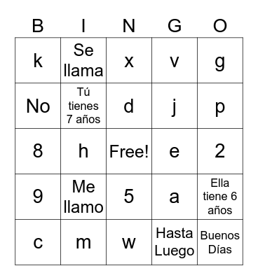Spanish Lesson 5 Bingo Card