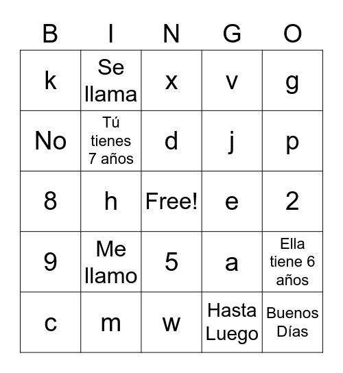 Spanish Lesson 5 Bingo Card