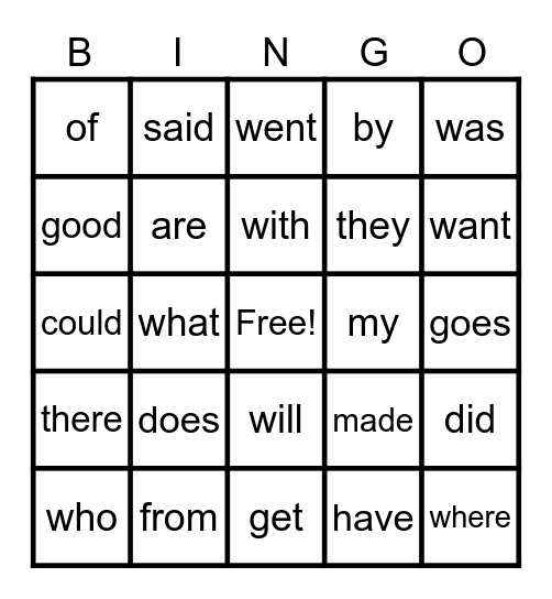 Sight Word Bingo Card