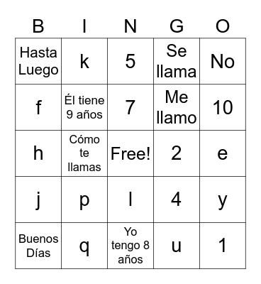 Spanish Lesson 5 Bingo Card