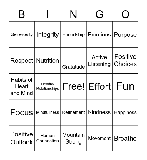 Mountain Strong Bingo Card