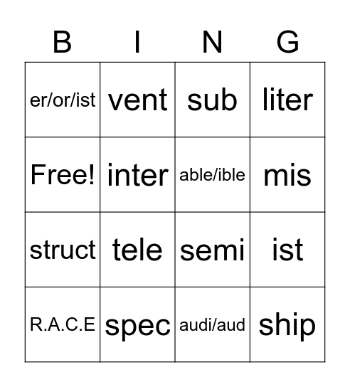 Latin & Greek Roots w/ Prefixes & Suffixes Bingo Card