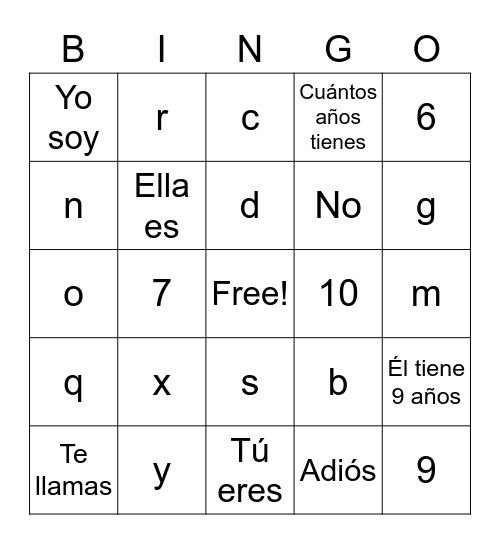 Spanish Lesson 5 Bingo Card