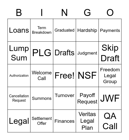 Debt Settlement Bingo Card