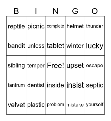 Non-Twin Consonant Words Bingo Card