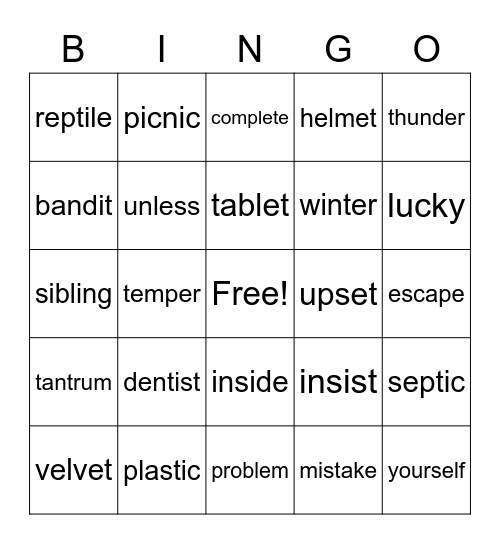 Non-Twin Consonant Words Bingo Card