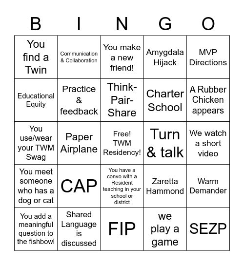 TWM Resident Orientation Bingo Card
