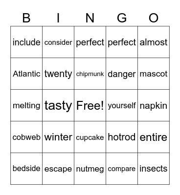 Non-twin consonants Bingo Card