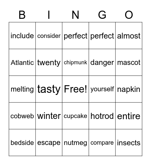 Non-twin consonants Bingo Card