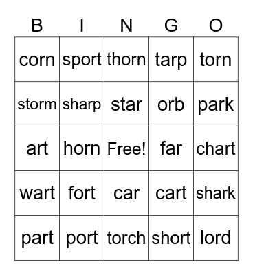 ar and ior words Bingo Card