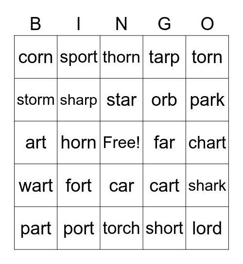 ar and ior words Bingo Card