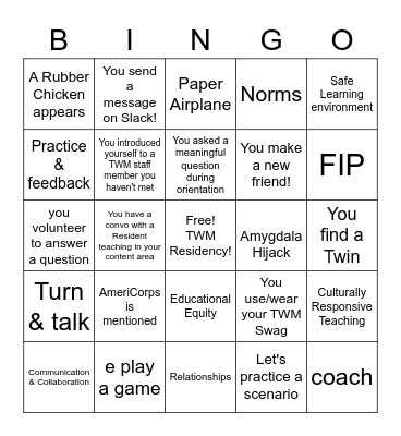 TWM Resident Orientation Bingo Card