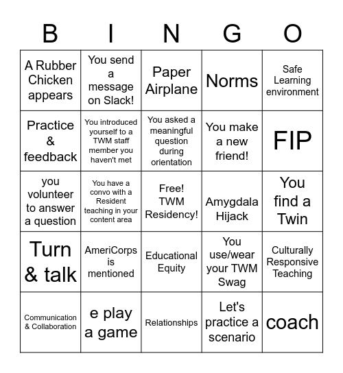 TWM Resident Orientation Bingo Card