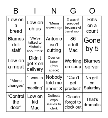 Deli bingo Card
