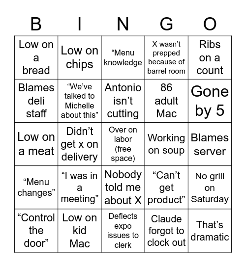 Deli bingo Card