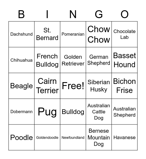 Different Kinds of Dogs Bingo Card