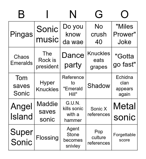 Sonic movie 2 Bingo Sheet Bingo Card
