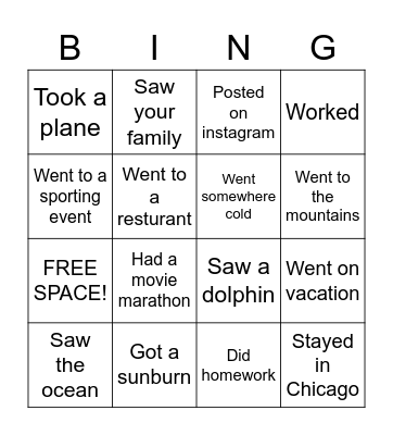 Spring Break Bingo Card