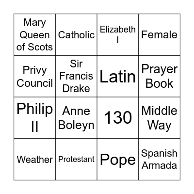 Elizabeth I Bingo Card