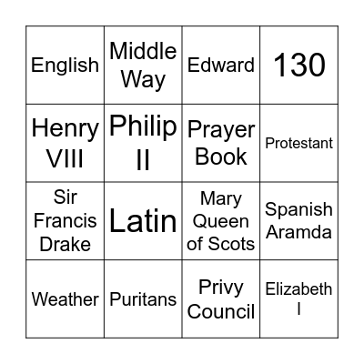 Elizabeth I Bingo Card
