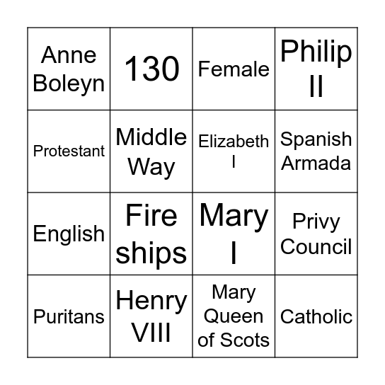 Elizabeth I Bingo Card