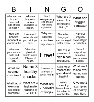 Healthy Living Bingo Card