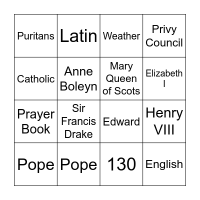 Elizabeth I Bingo Card