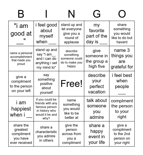 Love thy self group Bingo Card