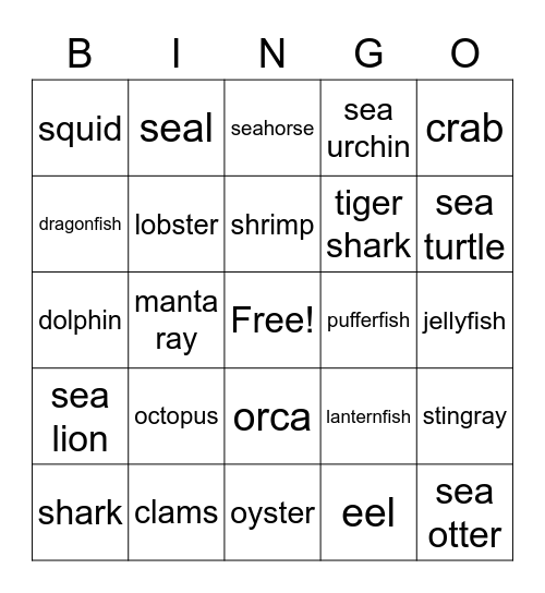 sea creatures Bingo Card