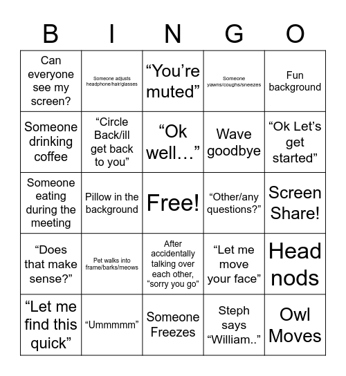 Unit Bingo Card