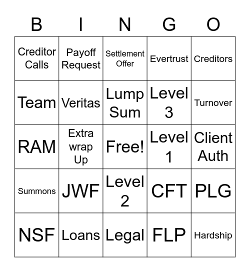 Debt Settlement Bingo Card