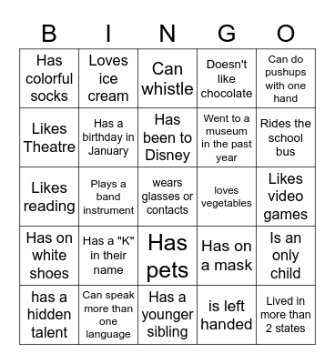 Middle School BINGO: Find someone who... Bingo Card
