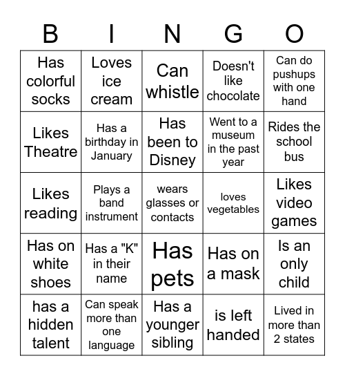 Middle School BINGO: Find someone who... Bingo Card