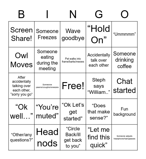 Unit Bingo Card