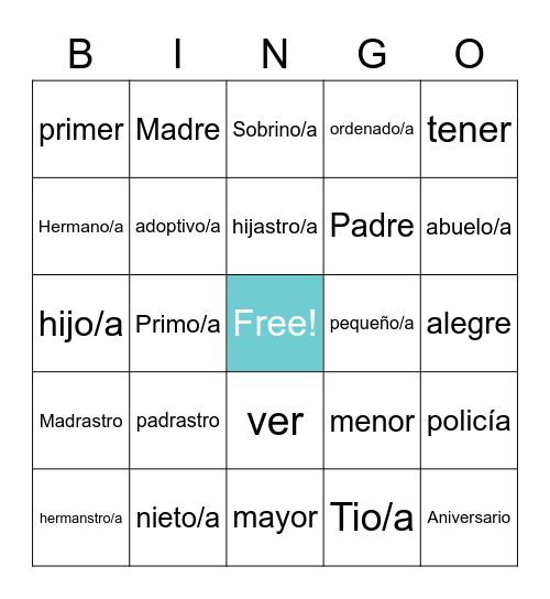 Family Members + Extras Bingo Card