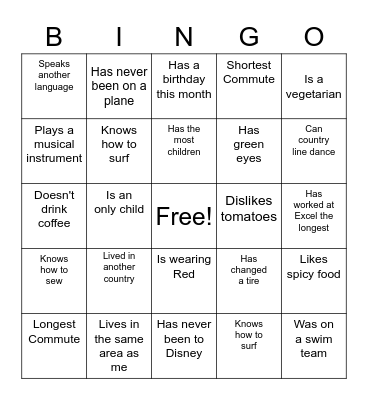 Excel People Bingo Card